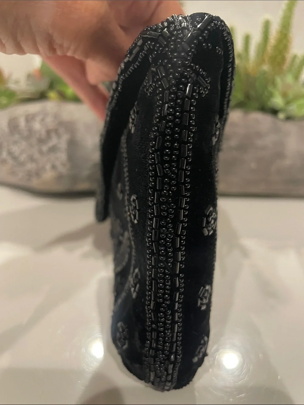 VINTAGE Black Velvet Hand-Beaded Envelope Evening Clutch Bag ~ Made In France
